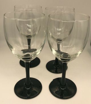 Vintage Luminarc France Black Stem Wine Glasses Arcoroc 7 1/8 Set Of Four Domino