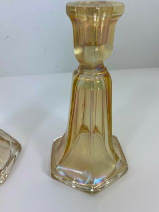 Vintage Iridescent Marigold Carnival Glass Candle Sticks Holders
