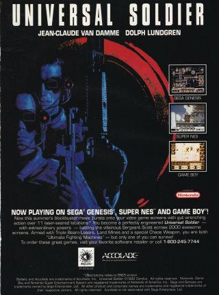Universal Soldier Nintendo Snes Game Boy Sega Genesis Video Game Print Ad Page