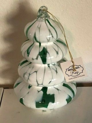 Huta Szkla Hand Blown Poland Art Glass Christmas Tree Ornament,  Green / White