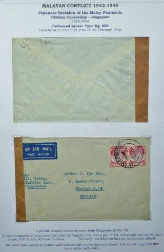 Malaya 22 Aug 1941 Censored Airmail Cover From Singapore To Blackpool,  England