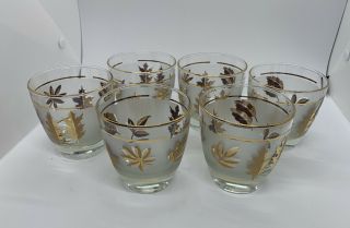6 Vintage Libbey Frosted Gold Leaf Motif Rock Glasses 3 1/2 " X 3 1/4”