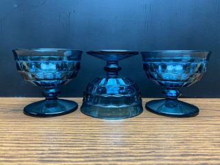 Vintage Set Of 3 Blue Glass Cubist Footed Dessert Cups Sherbet Dishes