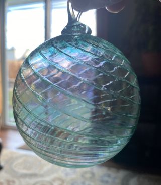 Vintage Hand - Blown Art Glass Ornament,  Light Green And Blue Swirl Ball