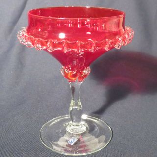 Glass Compote Clear And Red Made In Italy - Murano Glass 7 And 1/2 Inches Tall
