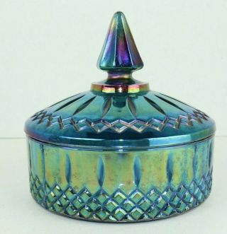 Vintage Indiana Blue Carnival Glass Iridescent Windsor Style Candy Dish & Lid