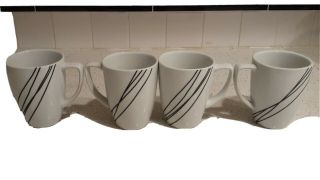 4 Corelle " Coordinates " Porcelain Coffee/tea Mugs,  Simple Sketch Black Lines