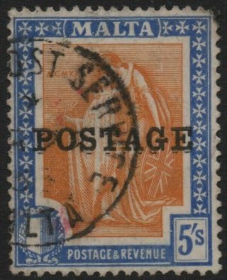 Malta - 1926 5/ - Orange - Yellow & Bright Ultramarine Sg 155 Good V39657