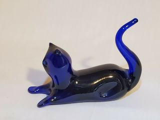Jw Shelton Blown Glass Cobalt Cat – Artist Signed - Exc