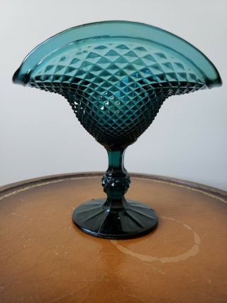 Vintage Italian Blue Green Glass Compote,  Candy Dish With Diamond Point