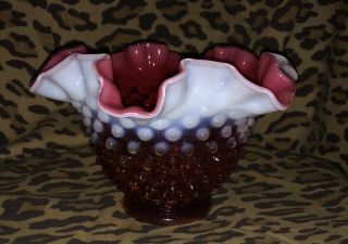 Vintage Fenton Cranberry Opalescent Hobnail Pink Ruffled Vase Bowl White