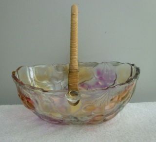 Vintage,  Libbey Glass,  Oval Bowl W/wicker Handle,  Colored Orchard Fruit Design