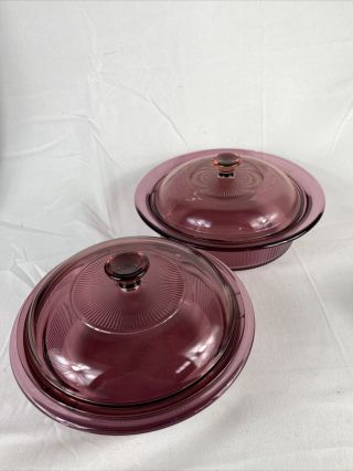 2 Visions 1 Quart & 24oz Cranberry Casserole Bowls Dish With Glass Lids Corning