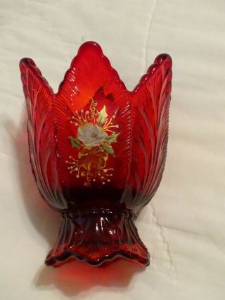 Fenton Ruby Red Tulip Hand Painted Reversible Two - Way Votive Stick Candle Holder