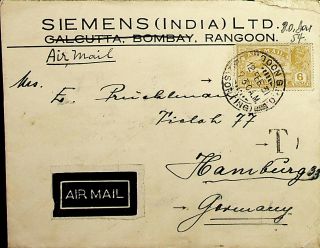 India Abroad Burma Rangoon 1931 Airmail 6as On Cover To Germany