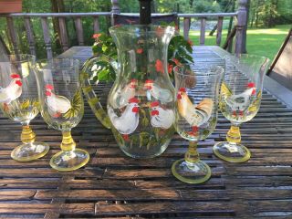 Hand Painted Roosters Glass Juice Set Pitcher 4 Glasses Goblets Country Decor