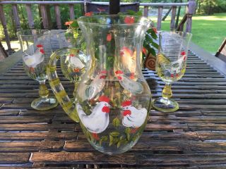 Hand Painted Roosters Glass Juice Set Pitcher 4 Glasses Goblets Country Decor 2