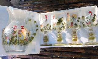 Hand Painted Roosters Glass Juice Set Pitcher 4 Glasses Goblets Country Decor 3