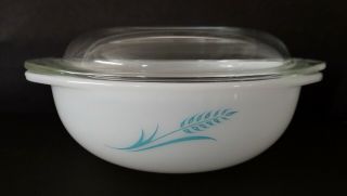 1961 Promo Pyrex Turquoise Wheat Round Casserole Dish W/lid Vgc No Chips
