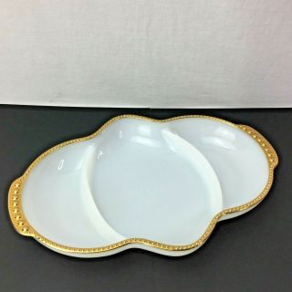 Vintage Fire King Oven Ware Milk Glass Divided Serving Dish With Gold Trim