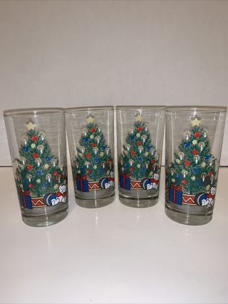 Vintage 1988 Set Of 4 Christmas Holiday Anchor Hocking Glasses Tumblers 12oz