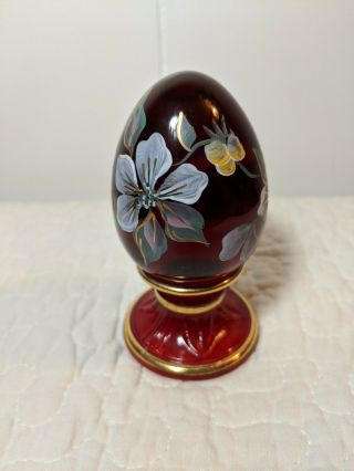 Fenton Egg Ruby Red W/ White Flowers & Gold Accents 405