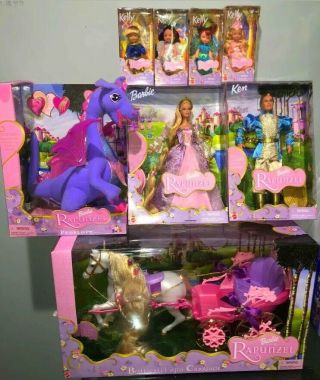 Barbie Rapunzel Set 2001 Barbie Ken Kelly X4 Penelope Botticelli & Carriage Nrfb