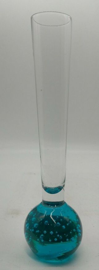 Vintage Hand Blown Controlled Bubble Base Blue Bud Vase Art Glass Unique Find