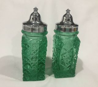 Vintage Kemple Glass Mckee Rare Light Green Salt & Pepper Shakers Set Euc