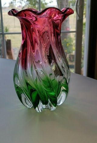 Lovely - Murano Glass Vase - Green/cranberry/clear - Hand Blown 7 3/4 " H X 4 " W
