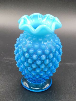 Vintage Fenton Blue Opalescent Hobnail Ruffled Vase
