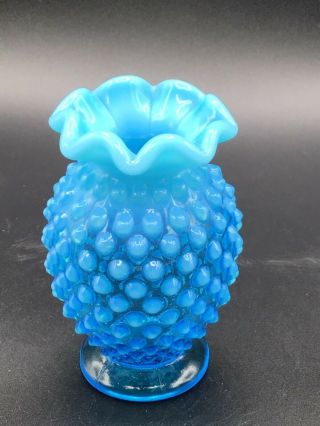 Vintage Fenton Blue Opalescent Hobnail Ruffled Vase 2