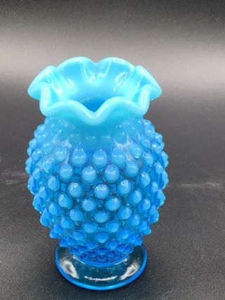 Vintage Fenton Blue Opalescent Hobnail Ruffled Vase 3