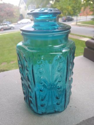 Vintage Le Smith Imperial Atterbury Scroll Teal Blue Glass Canister / Jar