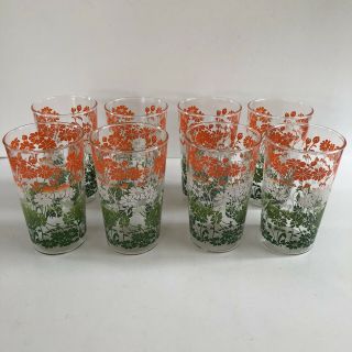 Set Of 8 Vintage Juice Glasses Daisy Floral Ombré Green White Orange 50s - 60s