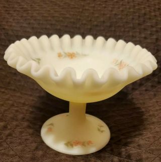 Vintage Fenton Art Glass Ruffled Edges.  Hand Painted Floral,  Satin Yellow