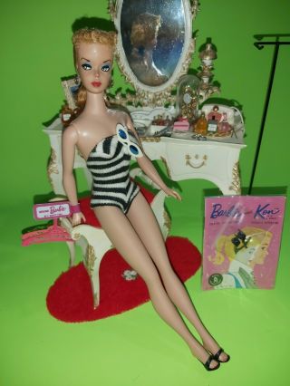 1959 Mattel Barbie 2 Blonde Customized Doll With Swimsuit,  Stand,  Accessories
