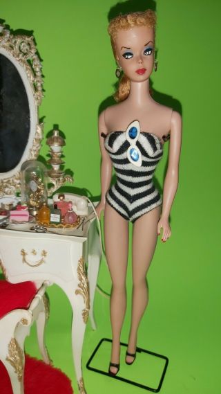 1959 Mattel Barbie 2 blonde Customized doll with swimsuit,  stand,  accessories 2