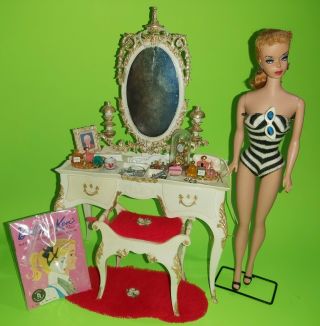 1959 Mattel Barbie 2 blonde Customized doll with swimsuit,  stand,  accessories 3