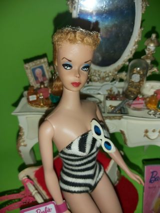 1959 Mattel Barbie 2 blonde Customized doll with swimsuit,  stand,  accessories 4