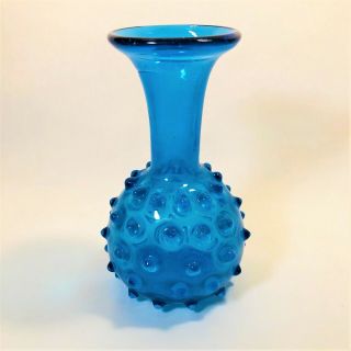 Vintage Unusual Hobnail Clear Aqua Blue Glass Vase Hand Blown Art Glass