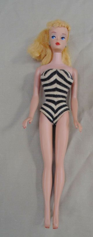 Vtg Barbie 3 Blonde Ponytail Blue Liner & Eyeshadow Stripped Jersey Swinsuit