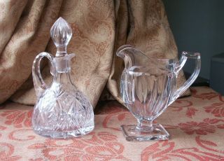 Old Antique Cut Glass 1930s Vinegar Decanter And Chippendale Art Deco Glass Jug