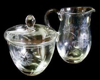 Vintage Cut Glass Romania Sugar With Lid & Creamer Roumania Floral Clear Crystal