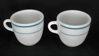 Set Of 2 Vtg Pyrex Blue Stripe Milk Glass Restaurant Ware Coffee Mugs Usa