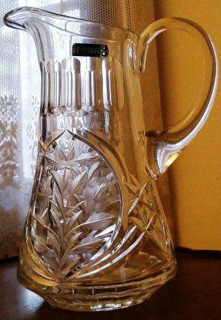 Irena Poland 10.  5 " Floral Pitcher - 24 Hand Cut Lead Crystal - Roses / Sticker