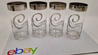 4 Vtg Mid Century Silver Rim Glasses " C " Monogram Tall Tumbler Dorothy Thorpe