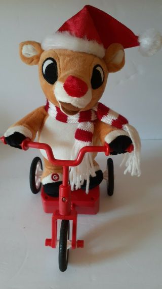 Rudolph The Red Nose Reindeer Singing Moving Bicycle Nose Lights Up Gemmy