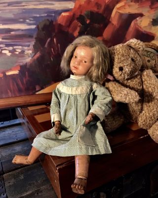 Antique Schoenhut Wood Doll 14 In.  Brown Intaglio Eyes Possibly 14/308