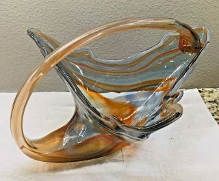Art Glass Cornucopia Basket Murano Italy Style Orange & Smokey Blue Swirl